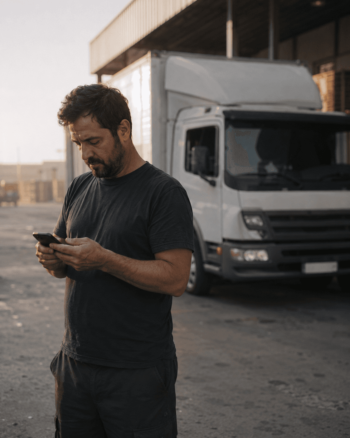 Chofer logístico junto a su camión usando la app de Veriflit