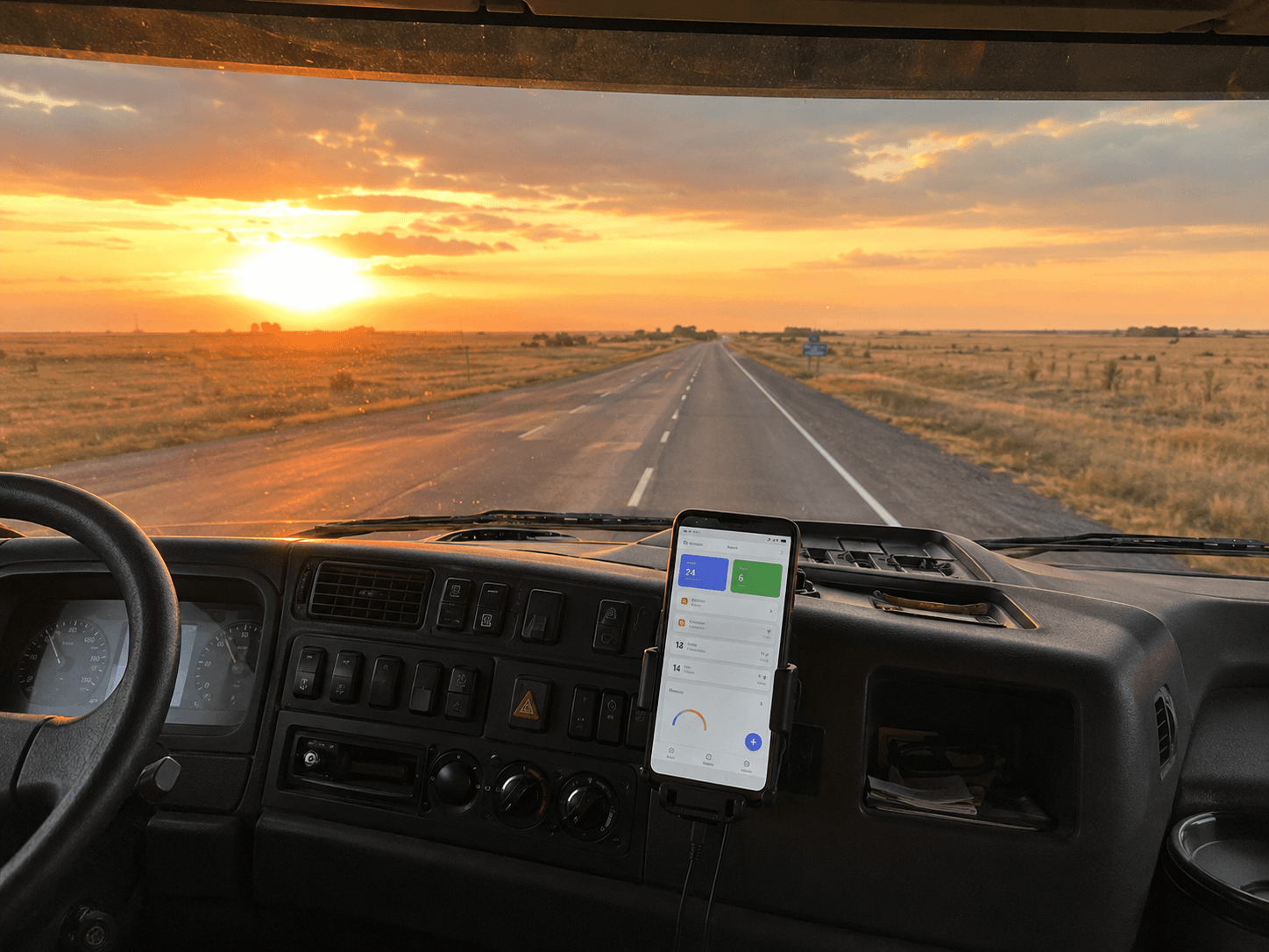 Vista desde la cabina de un camión en ruta con la app de Veriflit funcionando